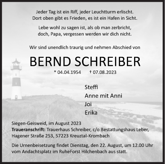 Traueranzeige von Bernd Schreiber von Siegener Zeitung