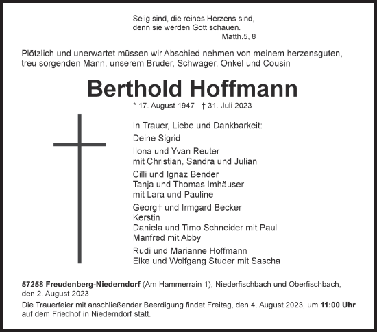 Traueranzeige von Berthold Hoffmann von Siegener Zeitung