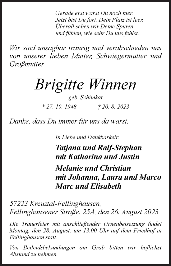 Traueranzeige von Brigitte Winnen von Siegener Zeitung