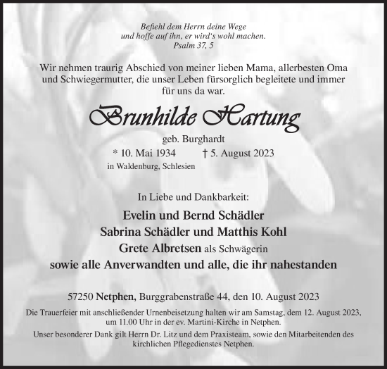 Traueranzeige von Brunhilde Hartung von Siegener Zeitung