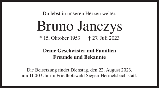 Traueranzeige von Bruno Janczys von Siegener Zeitung