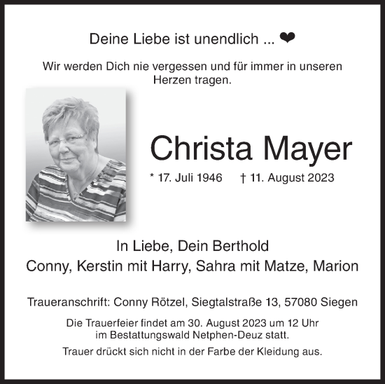 Traueranzeige von Christa Mayer von Siegener Zeitung