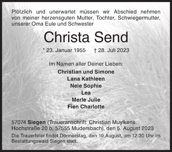 Traueranzeige von Christa Send von Siegener Zeitung