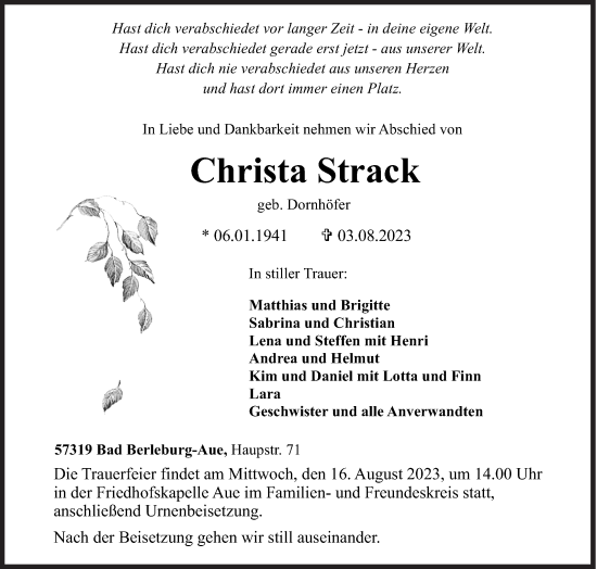 Traueranzeige von Christa Strack von Siegener Zeitung