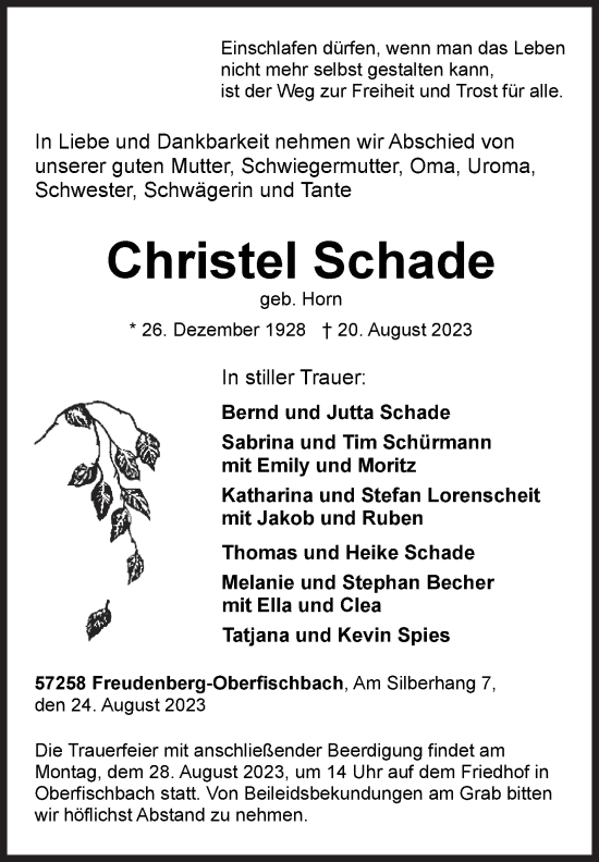 Traueranzeige von Christel Schade von Siegener Zeitung