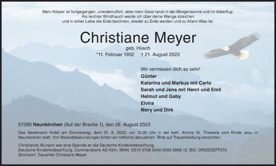 Traueranzeige von Christiane Meyer von Siegener Zeitung