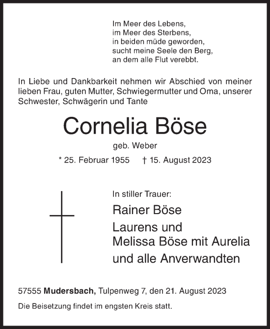 Traueranzeige von Cornelia Böse von Siegener Zeitung