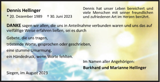Traueranzeige von Dennis Hellinger von Siegener Zeitung
