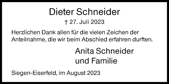 Traueranzeige von Dieter Schneider von Siegener Zeitung
