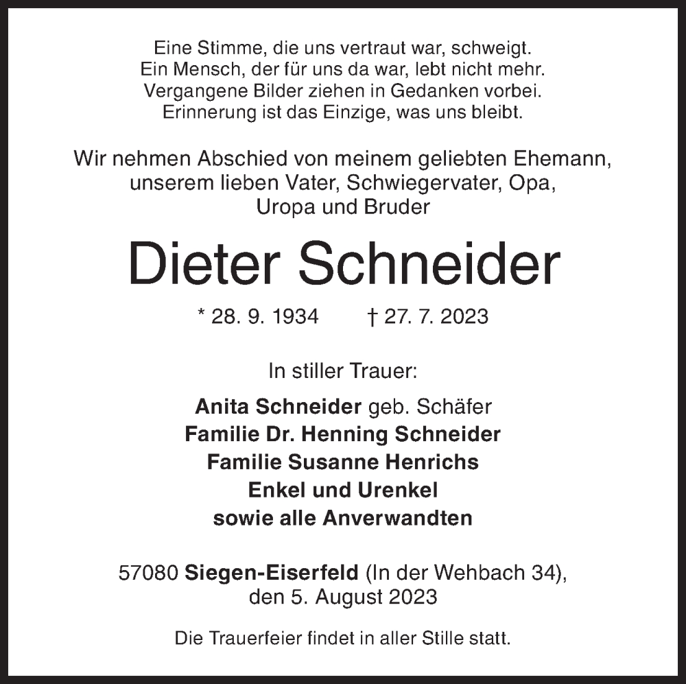  Traueranzeige für Dieter Schneider vom 05.08.2023 aus Siegener Zeitung