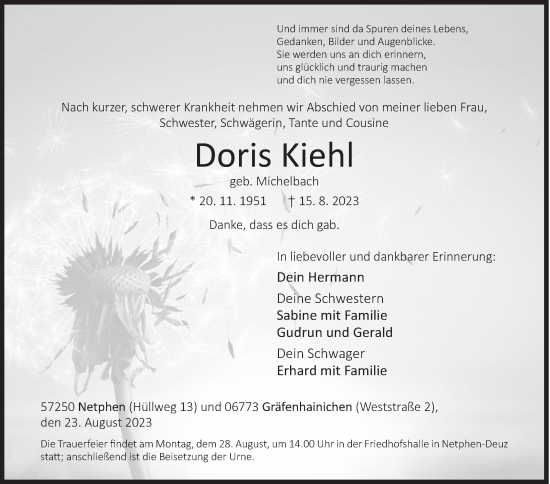Traueranzeige von Doris Kiehl von Siegener Zeitung