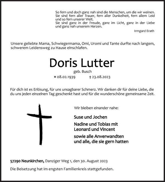 Traueranzeige von Doris Lutter von Siegener Zeitung