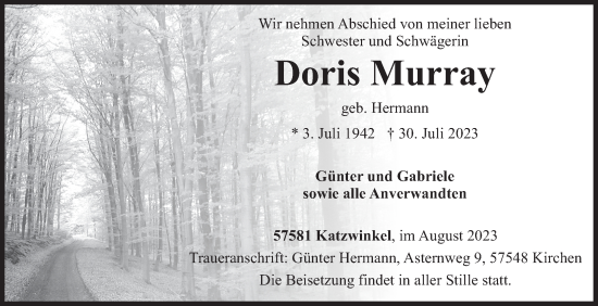 Traueranzeige von Doris Murray von Siegener Zeitung
