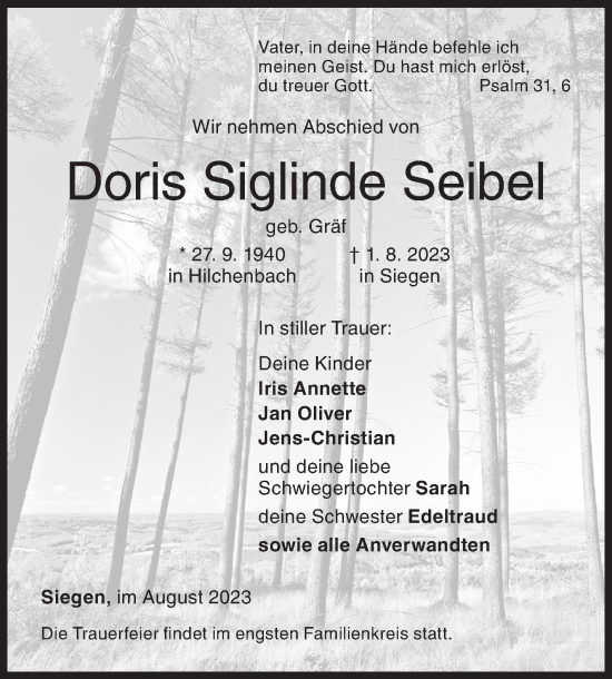 Traueranzeige von Doris Seibel von Siegener Zeitung
