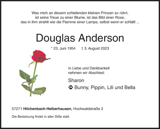 Traueranzeige von Douglas Anderson von Siegener Zeitung