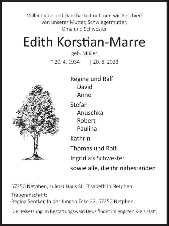 Traueranzeige von Edith Korstian-Marre von Siegener Zeitung
