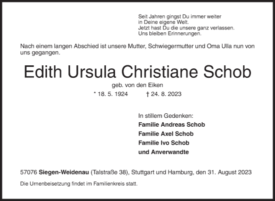 Traueranzeige von Edith Ursula Christiane Schob von Siegener Zeitung