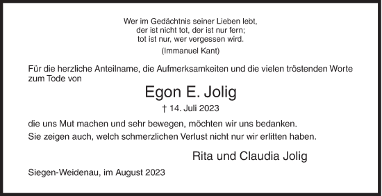 Traueranzeige von Egon E. Jolig von Siegener Zeitung