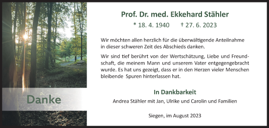 Traueranzeige von Ekkehard Stähler von Siegener Zeitung