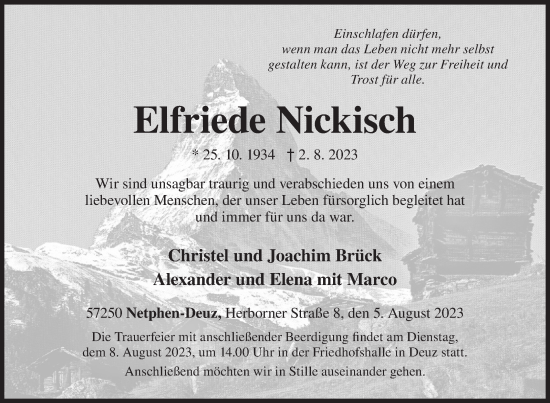 Traueranzeige von Elfriede Nickisch von Siegener Zeitung