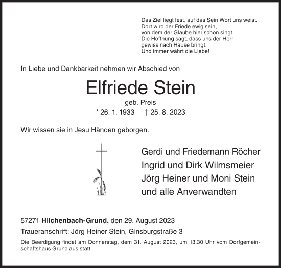 Traueranzeige von Elfriede Stein von Siegener Zeitung