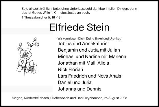 Traueranzeige von Elfriede Stein von Siegener Zeitung