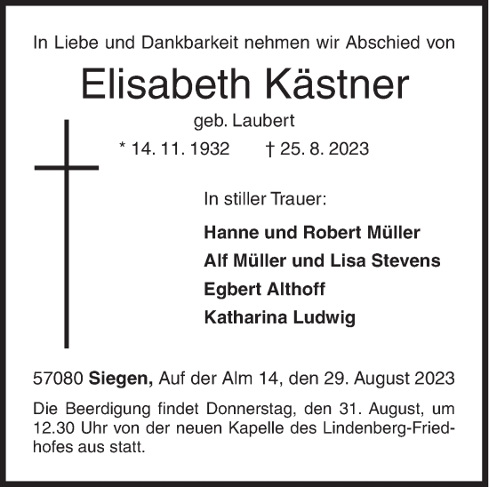Traueranzeige von Elisabeth Kästner von Siegener Zeitung
