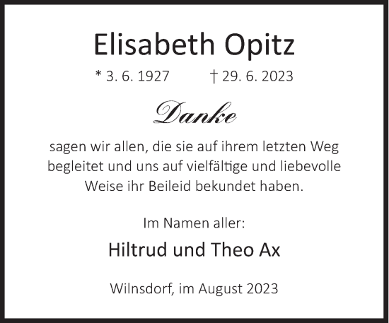 Traueranzeige von Elisabeth Opitz von Siegener Zeitung