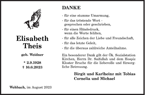 Traueranzeige von Elisabeth Theis von Siegener Zeitung