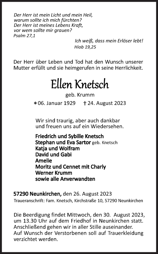 Traueranzeige von Ellen Knetsch von Siegener Zeitung