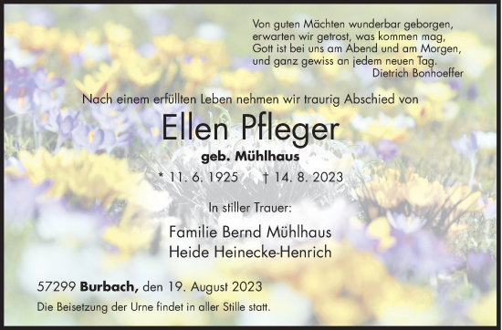 Traueranzeige von Ellen Pfleger von Siegener Zeitung