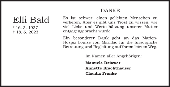 Traueranzeige von Elli Bald von Siegener Zeitung