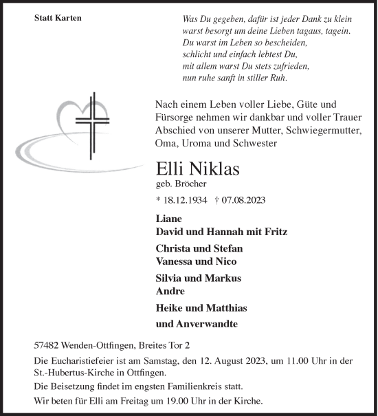 Traueranzeige von Elli Niklas von Siegener Zeitung