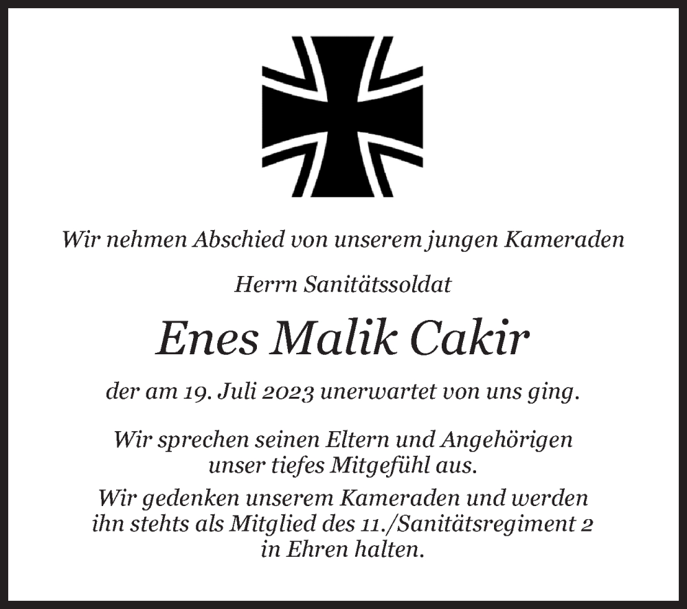  Traueranzeige für Enes Malik Cakir vom 05.08.2023 aus Siegener Zeitung