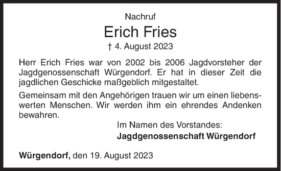 Traueranzeige von Erich Fries von Siegener Zeitung