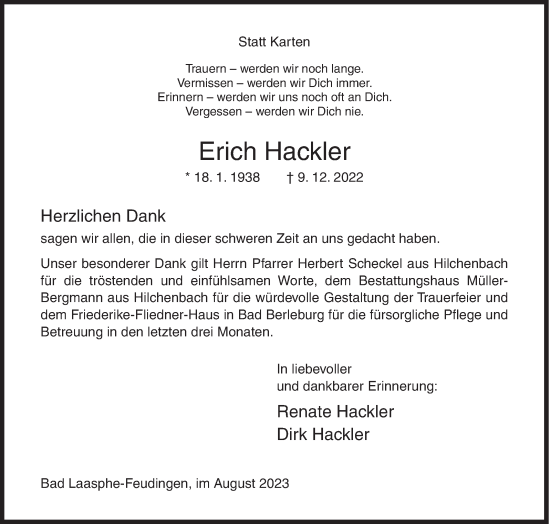 Traueranzeige von Erich Hackler von Siegener Zeitung