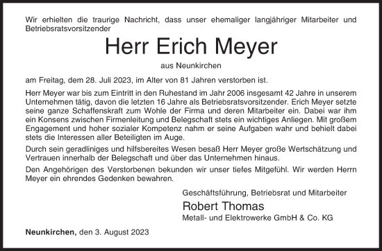 Traueranzeige von Erich Meyer von Siegener Zeitung