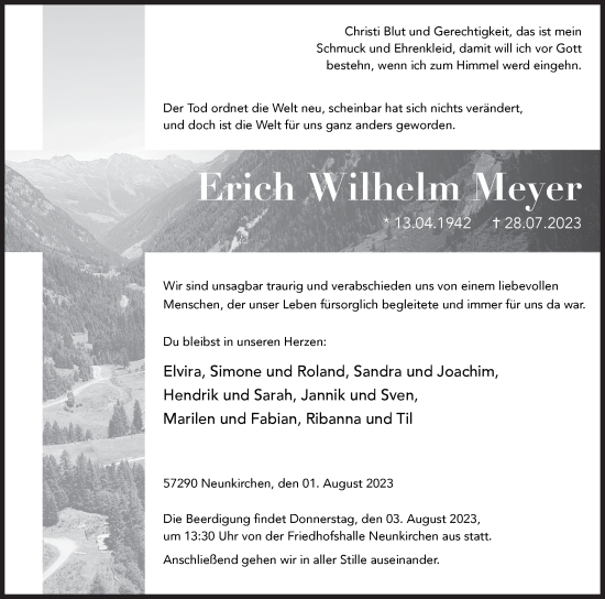 Traueranzeige von Erich Wilhelm Meyer von Siegener Zeitung