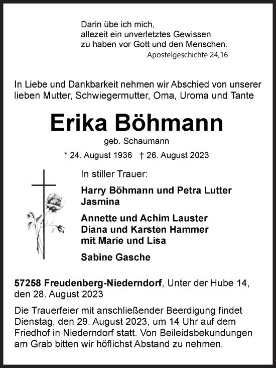 Traueranzeige von Erika Böhmann von Siegener Zeitung