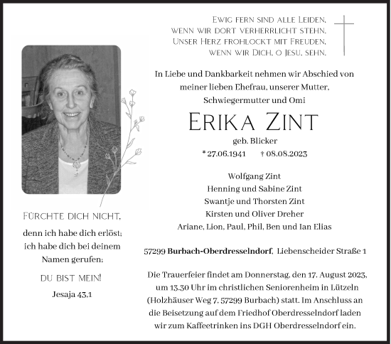 Traueranzeige von Erika Zint von Siegener Zeitung