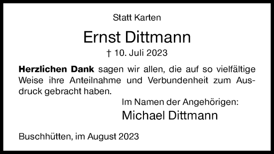 Traueranzeige von Ernst Dittmann von Siegener Zeitung