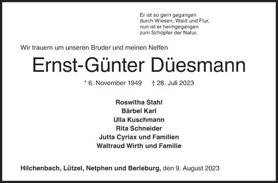 Traueranzeige von Ernst-Günter Düesmann von Siegener Zeitung