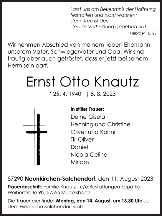 Traueranzeige von Ernst Otto Knautz von Siegener Zeitung