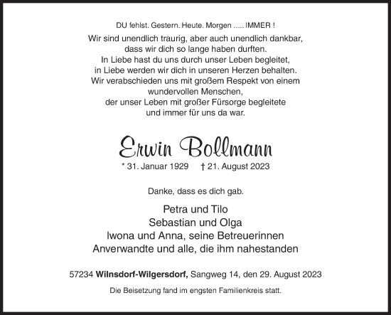 Traueranzeige von Erwin Bollmann von Siegener Zeitung