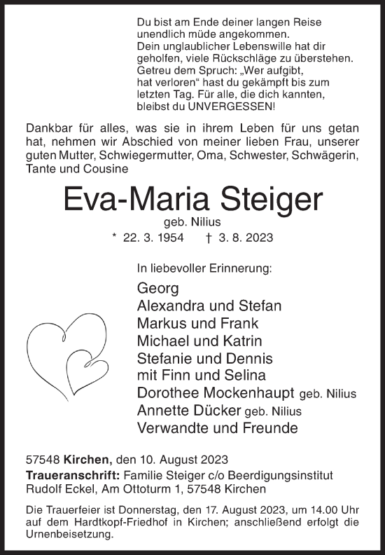 Traueranzeige von Eva-Maria Steiger von Siegener Zeitung