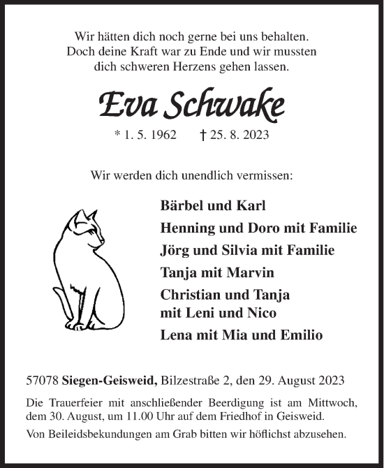 Traueranzeige von Eva Schwake von Siegener Zeitung