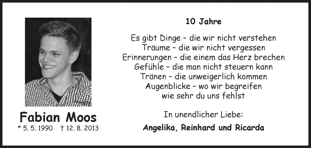  Traueranzeige für Fabian Moos vom 12.08.2023 aus Siegener Zeitung