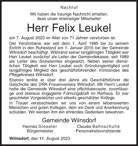Traueranzeige von Felix  Leukel von Siegener Zeitung