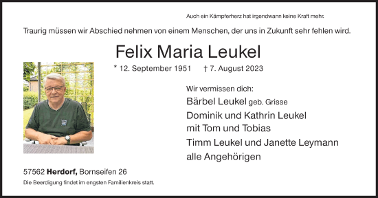 Traueranzeige von Felix  Leukel von Siegener Zeitung