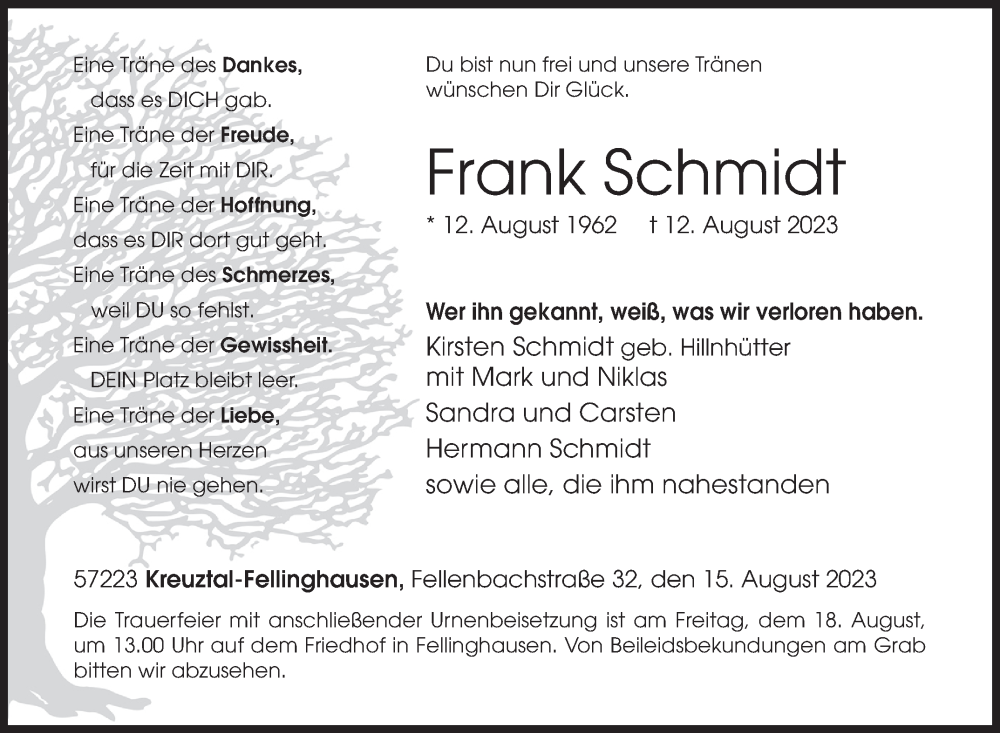  Traueranzeige für Frank Schmidt vom 15.08.2023 aus Siegener Zeitung